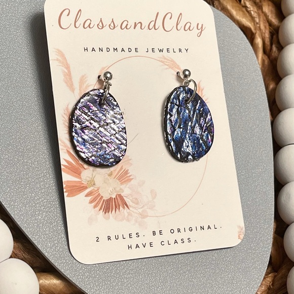 Handmade Polymer Clay Silver Leaf Crackle pebble Earrings w/ silver studs - Picture 4 of 5